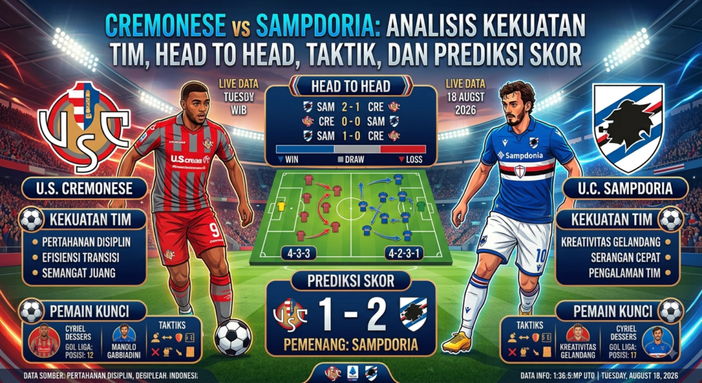 Cremonese vs Sampdoria: Analisis Kekuatan Tim, Head to Head, Taktik, dan Prediksi Skor