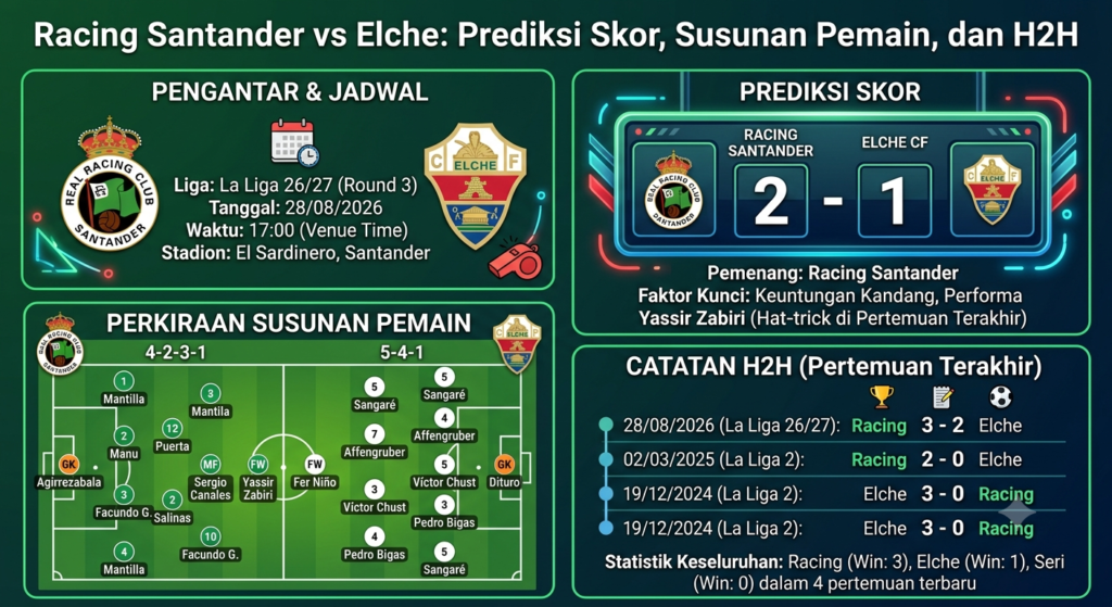 Racing Santander vs Elche: Prediksi Skor, Susunan Pemain, dan H2H