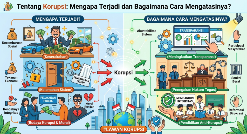 Tentang Korupsi: Mengapa Terjadi dan Bagaimana Cara Mengatasinya? Pendahuluan Pembahasan tentang korupsi selalu menjadi perhatian karena praktik ini berdampak langsung terhadap kehidupan masyarakat, perekonomian, dan pembangunan suatu negara. Korupsi tidak hanya mengakibatkan kerugian keuangan negara, tetapi juga melemahkan kepercayaan publik terhadap lembaga pemerintahan, menghambat investasi, dan memperburuk kualitas pelayanan publik. Di Indonesia maupun berbagai negara lain, korupsi masih menjadi tantangan yang memerlukan penanganan secara menyeluruh. Upaya pemberantasannya tidak cukup hanya melalui penegakan hukum, tetapi juga membutuhkan perubahan budaya, peningkatan integritas, serta sistem pengawasan yang lebih baik. Artikel ini akan membahas tentang korupsi, mulai dari pengertiannya, alasan mengapa korupsi terjadi, dampaknya terhadap masyarakat, hingga berbagai cara yang dapat dilakukan untuk mengatasinya. Apa Itu Korupsi? Korupsi adalah tindakan menyalahgunakan jabatan, kekuasaan, atau wewenang yang dimiliki seseorang untuk memperoleh keuntungan pribadi, kelompok, atau pihak tertentu dengan cara yang bertentangan dengan hukum dan etika. Praktik korupsi dapat terjadi di sektor pemerintahan maupun swasta. Bentuknya beragam, seperti suap, penggelapan dana, gratifikasi, penyalahgunaan anggaran, pemerasan, hingga manipulasi dalam pengadaan barang dan jasa. Korupsi sering kali dilakukan secara tersembunyi sehingga sulit dideteksi tanpa adanya sistem pengawasan yang efektif. Oleh karena itu, transparansi dan akuntabilitas menjadi unsur penting dalam pencegahan korupsi. Mengapa Korupsi Terjadi? Salah satu pertanyaan yang sering muncul dalam pembahasan tentang korupsi adalah mengapa praktik ini terus terjadi meskipun telah ada berbagai aturan hukum. Jawabannya tidak sederhana karena korupsi dipengaruhi oleh kombinasi faktor individu, organisasi, dan lingkungan. 1. Lemahnya Integritas Integritas merupakan landasan utama dalam menjalankan tugas dan tanggung jawab. Ketika seseorang lebih mengutamakan kepentingan pribadi daripada kepentingan umum, risiko melakukan korupsi menjadi lebih tinggi. 2. Penyalahgunaan Kekuasaan Korupsi sering terjadi ketika seseorang memiliki kewenangan besar tanpa pengawasan yang memadai. Kondisi ini membuka peluang untuk menyalahgunakan jabatan demi keuntungan pribadi. 3. Pengawasan yang Tidak Efektif Sistem pengawasan yang lemah membuat berbagai penyimpangan sulit terdeteksi sejak dini. Akibatnya, praktik korupsi dapat berlangsung dalam waktu yang lama. 4. Budaya Permisif Lingkungan yang menganggap pemberian hadiah, uang pelicin, atau fasilitas tertentu sebagai hal yang biasa dapat memicu berkembangnya perilaku koruptif. 5. Faktor Ekonomi Sebagian pelaku korupsi terdorong oleh keinginan memperoleh keuntungan finansial secara cepat. Namun, faktor ekonomi bukan satu-satunya penyebab karena banyak kasus juga dipengaruhi oleh keserakahan dan penyalahgunaan kekuasaan. 6. Penegakan Hukum yang Belum Memberikan Efek Jera Penegakan hukum yang konsisten dan adil sangat penting. Jika pelaku merasa peluang tertangkap kecil atau sanksi tidak memberikan efek jera, risiko terjadinya korupsi dapat meningkat. Bentuk-Bentuk Korupsi Memahami bentuk korupsi membantu masyarakat mengenali tindakan yang termasuk pelanggaran hukum maupun etika. Suap Suap dilakukan dengan memberikan uang, hadiah, atau fasilitas kepada pihak tertentu agar mengambil keputusan yang menguntungkan pemberi. Gratifikasi Gratifikasi merupakan pemberian yang diterima oleh pejabat atau penyelenggara negara terkait jabatannya. Dalam kondisi tertentu, gratifikasi dapat dikategorikan sebagai tindak pidana korupsi. Penggelapan Dana Penggelapan terjadi ketika seseorang menggunakan dana atau aset yang dipercayakan kepadanya untuk kepentingan pribadi. Penyalahgunaan Wewenang Jabatan atau kekuasaan dimanfaatkan untuk memperoleh keuntungan yang tidak sesuai dengan ketentuan hukum. Pemerasan Seseorang memanfaatkan kedudukannya untuk meminta uang atau keuntungan tertentu dari pihak lain. Dampak Korupsi Korupsi memberikan dampak yang luas terhadap berbagai aspek kehidupan. Kerugian Keuangan Negara Dana yang seharusnya digunakan untuk pembangunan infrastruktur, pendidikan, kesehatan, dan pelayanan masyarakat menjadi berkurang akibat penyalahgunaan. Menurunnya Kualitas Pelayanan Publik Korupsi dapat menyebabkan layanan publik menjadi lambat, tidak efisien, dan tidak merata karena anggaran tidak digunakan sebagaimana mestinya. Menghambat Pertumbuhan Ekonomi Praktik korupsi meningkatkan biaya investasi, mengurangi daya saing, dan menciptakan ketidakpastian bagi dunia usaha. Meningkatkan Ketimpangan Sosial Korupsi memperburuk distribusi sumber daya sehingga manfaat pembangunan tidak dirasakan secara merata oleh masyarakat. Menurunkan Kepercayaan Publik Kepercayaan masyarakat terhadap pemerintah dan lembaga negara dapat menurun apabila praktik korupsi terus terjadi. Bagaimana Cara Mengatasi Korupsi? Mengatasi korupsi memerlukan pendekatan yang komprehensif. Tidak ada satu solusi yang mampu menghilangkan korupsi secara instan, tetapi berbagai langkah berikut dapat membantu mengurangi risikonya. Memperkuat Pendidikan Antikorupsi Pendidikan mengenai kejujuran, tanggung jawab, dan integritas perlu diberikan sejak usia dini agar menjadi bagian dari karakter setiap individu. Meningkatkan Transparansi Keterbukaan informasi mengenai penggunaan anggaran, proses pengadaan, dan pengambilan keputusan membantu meningkatkan akuntabilitas. Memperkuat Pengawasan Pengawasan internal maupun eksternal harus dilakukan secara berkelanjutan agar potensi penyimpangan dapat segera diketahui. Memanfaatkan Teknologi Digital Pelayanan publik berbasis digital membantu mengurangi interaksi langsung yang berpotensi memunculkan praktik suap atau pungutan yang tidak sesuai aturan. Penegakan Hukum yang Konsisten Proses hukum yang profesional, transparan, dan konsisten menjadi salah satu faktor penting dalam memberikan efek jera kepada pelaku. Mendorong Partisipasi Masyarakat Masyarakat memiliki peran penting dalam mengawasi penggunaan anggaran publik, menyampaikan laporan dugaan penyimpangan melalui mekanisme yang tersedia, dan mendukung budaya antikorupsi. Peran Masyarakat dalam Mencegah Korupsi Pemberantasan korupsi bukan hanya tanggung jawab pemerintah atau aparat penegak hukum. Masyarakat juga dapat berkontribusi melalui berbagai tindakan sederhana namun bermakna, seperti: Menolak memberikan atau menerima suap. Menggunakan layanan publik sesuai prosedur yang berlaku. Mendukung transparansi dalam organisasi atau lingkungan kerja. Mengelola keuangan organisasi secara terbuka dan dapat dipertanggungjawabkan. Menanamkan nilai kejujuran dalam keluarga dan lingkungan sekitar. Semakin banyak individu yang menjunjung tinggi integritas, semakin kuat budaya antikorupsi dalam masyarakat. Tantangan dalam Pemberantasan Korupsi Meskipun berbagai upaya telah dilakukan, pemberantasan korupsi masih menghadapi sejumlah tantangan. Modus operandi yang semakin kompleks, perkembangan teknologi, lemahnya pengawasan di beberapa sektor, serta rendahnya kesadaran sebagian pihak menjadi hambatan yang perlu diatasi. Karena itu, strategi pemberantasan korupsi harus terus diperbarui dengan memperkuat sistem pengendalian, meningkatkan kapasitas aparat, memanfaatkan teknologi informasi, dan memperluas edukasi kepada masyarakat. Kesimpulan Memahami tentang korupsi merupakan langkah penting dalam membangun masyarakat yang lebih sadar akan pentingnya integritas dan tata kelola yang baik. Korupsi terjadi karena berbagai faktor, mulai dari lemahnya integritas, penyalahgunaan kekuasaan, pengawasan yang tidak efektif, budaya permisif, hingga motivasi ekonomi dan kesempatan yang muncul akibat lemahnya sistem pengendalian. Untuk mengatasinya diperlukan pendekatan yang menyeluruh melalui pendidikan antikorupsi, transparansi, pengawasan yang kuat, pemanfaatan teknologi, penegakan hukum yang konsisten, serta partisipasi aktif masyarakat. Dengan kerja sama antara pemerintah, dunia usaha, lembaga pendidikan, media, dan masyarakat, upaya pencegahan serta pemberantasan korupsi dapat semakin efektif dan mendukung terciptanya pemerintahan yang bersih, pelayanan publik yang berkualitas, serta pembangunan yang berkelanjutan.