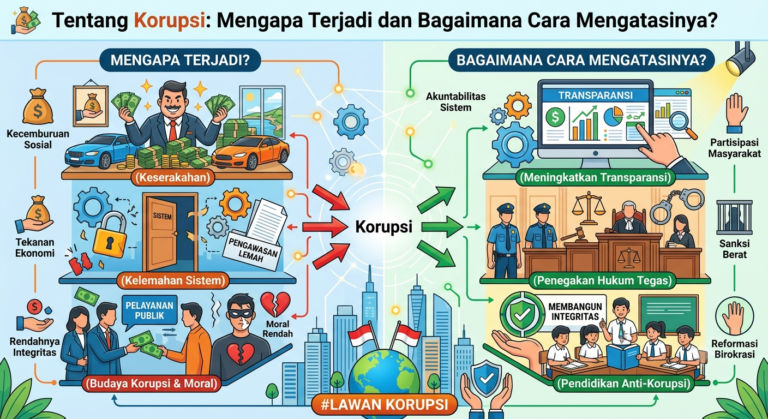 Tentang Korupsi: Mengapa Terjadi dan Bagaimana Cara Mengatasinya? Pendahuluan Pembahasan tentang korupsi selalu menjadi perhatian karena praktik ini berdampak langsung terhadap kehidupan masyarakat, perekonomian, dan pembangunan suatu negara. Korupsi tidak hanya mengakibatkan kerugian keuangan negara, tetapi juga melemahkan kepercayaan publik terhadap lembaga pemerintahan, menghambat investasi, dan memperburuk kualitas pelayanan publik. Di Indonesia maupun berbagai negara lain, korupsi masih menjadi tantangan yang memerlukan penanganan secara menyeluruh. Upaya pemberantasannya tidak cukup hanya melalui penegakan hukum, tetapi juga membutuhkan perubahan budaya, peningkatan integritas, serta sistem pengawasan yang lebih baik. Artikel ini akan membahas tentang korupsi, mulai dari pengertiannya, alasan mengapa korupsi terjadi, dampaknya terhadap masyarakat, hingga berbagai cara yang dapat dilakukan untuk mengatasinya. Apa Itu Korupsi? Korupsi adalah tindakan menyalahgunakan jabatan, kekuasaan, atau wewenang yang dimiliki seseorang untuk memperoleh keuntungan pribadi, kelompok, atau pihak tertentu dengan cara yang bertentangan dengan hukum dan etika. Praktik korupsi dapat terjadi di sektor pemerintahan maupun swasta. Bentuknya beragam, seperti suap, penggelapan dana, gratifikasi, penyalahgunaan anggaran, pemerasan, hingga manipulasi dalam pengadaan barang dan jasa. Korupsi sering kali dilakukan secara tersembunyi sehingga sulit dideteksi tanpa adanya sistem pengawasan yang efektif. Oleh karena itu, transparansi dan akuntabilitas menjadi unsur penting dalam pencegahan korupsi. Mengapa Korupsi Terjadi? Salah satu pertanyaan yang sering muncul dalam pembahasan tentang korupsi adalah mengapa praktik ini terus terjadi meskipun telah ada berbagai aturan hukum. Jawabannya tidak sederhana karena korupsi dipengaruhi oleh kombinasi faktor individu, organisasi, dan lingkungan. 1. Lemahnya Integritas Integritas merupakan landasan utama dalam menjalankan tugas dan tanggung jawab. Ketika seseorang lebih mengutamakan kepentingan pribadi daripada kepentingan umum, risiko melakukan korupsi menjadi lebih tinggi. 2. Penyalahgunaan Kekuasaan Korupsi sering terjadi ketika seseorang memiliki kewenangan besar tanpa pengawasan yang memadai. Kondisi ini membuka peluang untuk menyalahgunakan jabatan demi keuntungan pribadi. 3. Pengawasan yang Tidak Efektif Sistem pengawasan yang lemah membuat berbagai penyimpangan sulit terdeteksi sejak dini. Akibatnya, praktik korupsi dapat berlangsung dalam waktu yang lama. 4. Budaya Permisif Lingkungan yang menganggap pemberian hadiah, uang pelicin, atau fasilitas tertentu sebagai hal yang biasa dapat memicu berkembangnya perilaku koruptif. 5. Faktor Ekonomi Sebagian pelaku korupsi terdorong oleh keinginan memperoleh keuntungan finansial secara cepat. Namun, faktor ekonomi bukan satu-satunya penyebab karena banyak kasus juga dipengaruhi oleh keserakahan dan penyalahgunaan kekuasaan. 6. Penegakan Hukum yang Belum Memberikan Efek Jera Penegakan hukum yang konsisten dan adil sangat penting. Jika pelaku merasa peluang tertangkap kecil atau sanksi tidak memberikan efek jera, risiko terjadinya korupsi dapat meningkat. Bentuk-Bentuk Korupsi Memahami bentuk korupsi membantu masyarakat mengenali tindakan yang termasuk pelanggaran hukum maupun etika. Suap Suap dilakukan dengan memberikan uang, hadiah, atau fasilitas kepada pihak tertentu agar mengambil keputusan yang menguntungkan pemberi. Gratifikasi Gratifikasi merupakan pemberian yang diterima oleh pejabat atau penyelenggara negara terkait jabatannya. Dalam kondisi tertentu, gratifikasi dapat dikategorikan sebagai tindak pidana korupsi. Penggelapan Dana Penggelapan terjadi ketika seseorang menggunakan dana atau aset yang dipercayakan kepadanya untuk kepentingan pribadi. Penyalahgunaan Wewenang Jabatan atau kekuasaan dimanfaatkan untuk memperoleh keuntungan yang tidak sesuai dengan ketentuan hukum. Pemerasan Seseorang memanfaatkan kedudukannya untuk meminta uang atau keuntungan tertentu dari pihak lain. Dampak Korupsi Korupsi memberikan dampak yang luas terhadap berbagai aspek kehidupan. Kerugian Keuangan Negara Dana yang seharusnya digunakan untuk pembangunan infrastruktur, pendidikan, kesehatan, dan pelayanan masyarakat menjadi berkurang akibat penyalahgunaan. Menurunnya Kualitas Pelayanan Publik Korupsi dapat menyebabkan layanan publik menjadi lambat, tidak efisien, dan tidak merata karena anggaran tidak digunakan sebagaimana mestinya. Menghambat Pertumbuhan Ekonomi Praktik korupsi meningkatkan biaya investasi, mengurangi daya saing, dan menciptakan ketidakpastian bagi dunia usaha. Meningkatkan Ketimpangan Sosial Korupsi memperburuk distribusi sumber daya sehingga manfaat pembangunan tidak dirasakan secara merata oleh masyarakat. Menurunkan Kepercayaan Publik Kepercayaan masyarakat terhadap pemerintah dan lembaga negara dapat menurun apabila praktik korupsi terus terjadi. Bagaimana Cara Mengatasi Korupsi? Mengatasi korupsi memerlukan pendekatan yang komprehensif. Tidak ada satu solusi yang mampu menghilangkan korupsi secara instan, tetapi berbagai langkah berikut dapat membantu mengurangi risikonya. Memperkuat Pendidikan Antikorupsi Pendidikan mengenai kejujuran, tanggung jawab, dan integritas perlu diberikan sejak usia dini agar menjadi bagian dari karakter setiap individu. Meningkatkan Transparansi Keterbukaan informasi mengenai penggunaan anggaran, proses pengadaan, dan pengambilan keputusan membantu meningkatkan akuntabilitas. Memperkuat Pengawasan Pengawasan internal maupun eksternal harus dilakukan secara berkelanjutan agar potensi penyimpangan dapat segera diketahui. Memanfaatkan Teknologi Digital Pelayanan publik berbasis digital membantu mengurangi interaksi langsung yang berpotensi memunculkan praktik suap atau pungutan yang tidak sesuai aturan. Penegakan Hukum yang Konsisten Proses hukum yang profesional, transparan, dan konsisten menjadi salah satu faktor penting dalam memberikan efek jera kepada pelaku. Mendorong Partisipasi Masyarakat Masyarakat memiliki peran penting dalam mengawasi penggunaan anggaran publik, menyampaikan laporan dugaan penyimpangan melalui mekanisme yang tersedia, dan mendukung budaya antikorupsi. Peran Masyarakat dalam Mencegah Korupsi Pemberantasan korupsi bukan hanya tanggung jawab pemerintah atau aparat penegak hukum. Masyarakat juga dapat berkontribusi melalui berbagai tindakan sederhana namun bermakna, seperti: Menolak memberikan atau menerima suap. Menggunakan layanan publik sesuai prosedur yang berlaku. Mendukung transparansi dalam organisasi atau lingkungan kerja. Mengelola keuangan organisasi secara terbuka dan dapat dipertanggungjawabkan. Menanamkan nilai kejujuran dalam keluarga dan lingkungan sekitar. Semakin banyak individu yang menjunjung tinggi integritas, semakin kuat budaya antikorupsi dalam masyarakat. Tantangan dalam Pemberantasan Korupsi Meskipun berbagai upaya telah dilakukan, pemberantasan korupsi masih menghadapi sejumlah tantangan. Modus operandi yang semakin kompleks, perkembangan teknologi, lemahnya pengawasan di beberapa sektor, serta rendahnya kesadaran sebagian pihak menjadi hambatan yang perlu diatasi. Karena itu, strategi pemberantasan korupsi harus terus diperbarui dengan memperkuat sistem pengendalian, meningkatkan kapasitas aparat, memanfaatkan teknologi informasi, dan memperluas edukasi kepada masyarakat. Kesimpulan Memahami tentang korupsi merupakan langkah penting dalam membangun masyarakat yang lebih sadar akan pentingnya integritas dan tata kelola yang baik. Korupsi terjadi karena berbagai faktor, mulai dari lemahnya integritas, penyalahgunaan kekuasaan, pengawasan yang tidak efektif, budaya permisif, hingga motivasi ekonomi dan kesempatan yang muncul akibat lemahnya sistem pengendalian. Untuk mengatasinya diperlukan pendekatan yang menyeluruh melalui pendidikan antikorupsi, transparansi, pengawasan yang kuat, pemanfaatan teknologi, penegakan hukum yang konsisten, serta partisipasi aktif masyarakat. Dengan kerja sama antara pemerintah, dunia usaha, lembaga pendidikan, media, dan masyarakat, upaya pencegahan serta pemberantasan korupsi dapat semakin efektif dan mendukung terciptanya pemerintahan yang bersih, pelayanan publik yang berkualitas, serta pembangunan yang berkelanjutan.