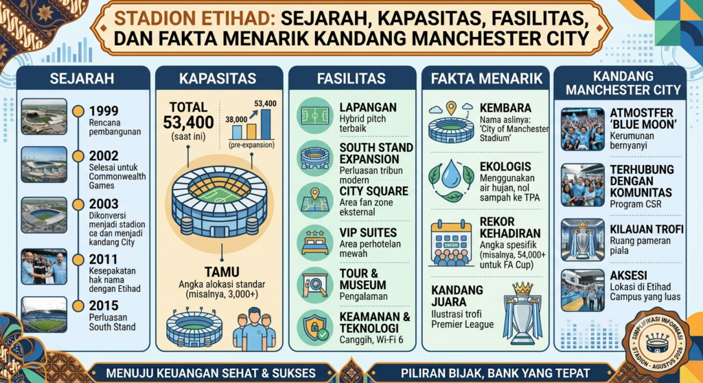Stadion Etihad: Sejarah, Kapasitas, Fasilitas, dan Fakta Menarik Kandang Manchester City