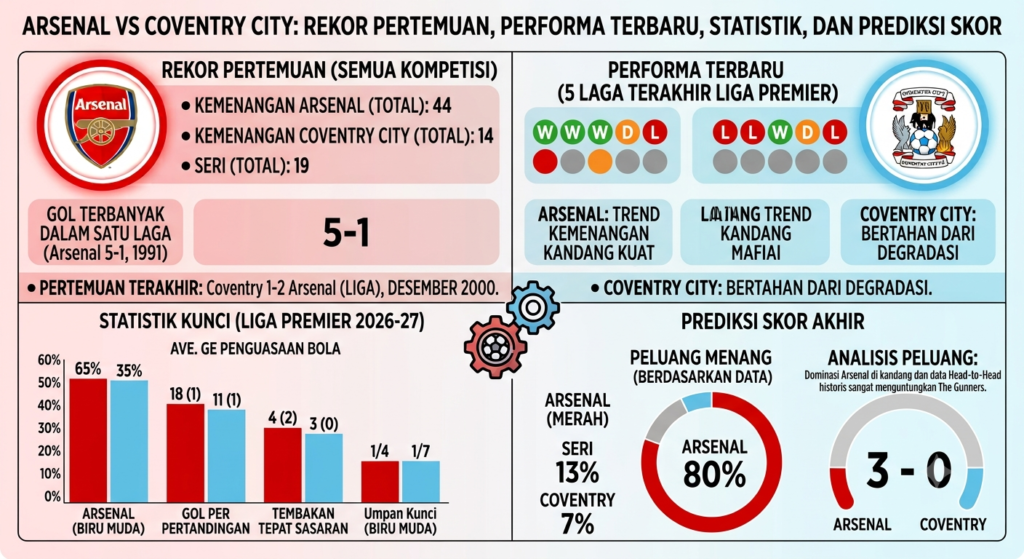 Arsenal vs Coventry City: Rekor Pertemuan, Performa Terbaru, Statistik, dan Prediksi Skor