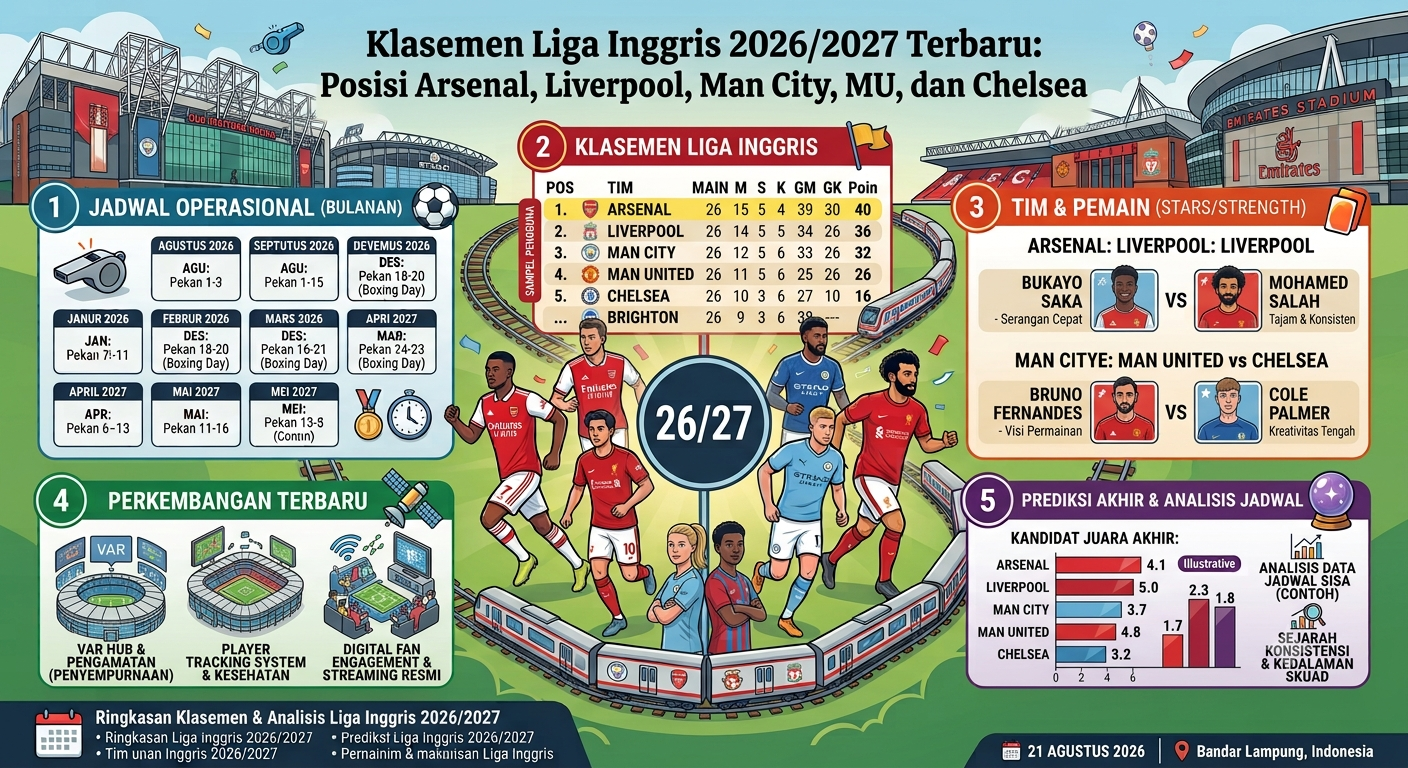 Klasemen Liga Inggris 2026/2027 Terbaru: Posisi Arsenal, Liverpool, Man City, MU, dan Chelsea
