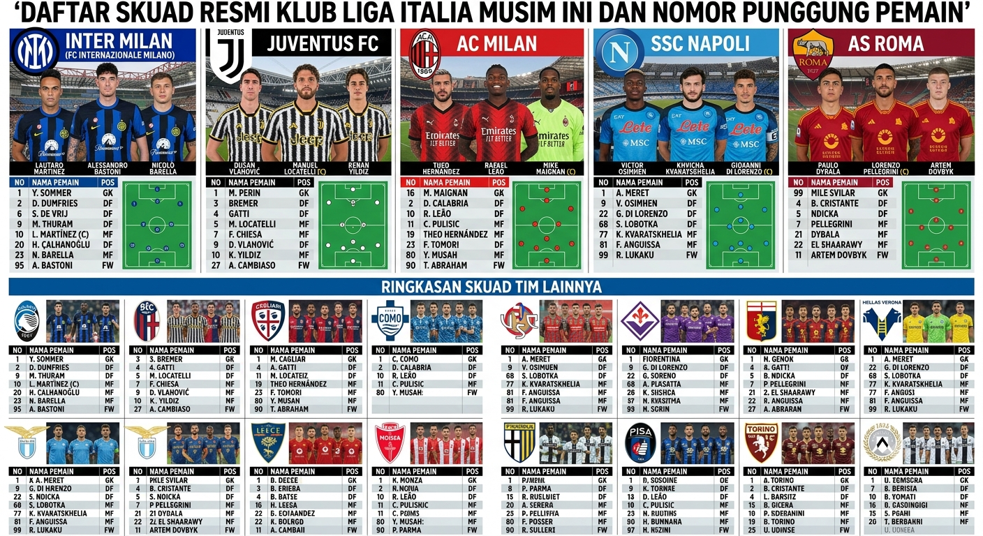 Daftar Skuad Resmi Klub Liga Italia Musim Ini dan Nomor Punggung Pemain