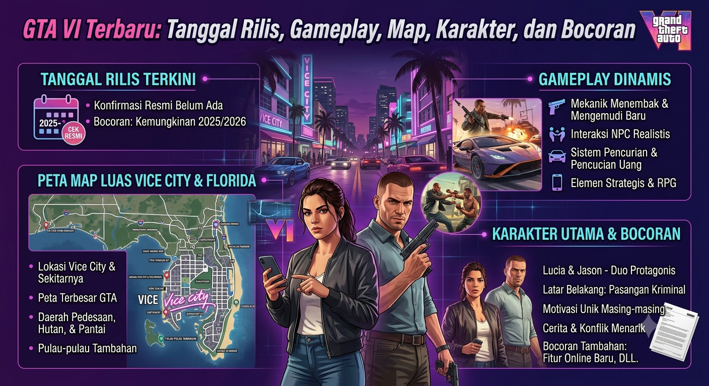 GTA VI Terbaru: Tanggal Rilis, Gameplay, Map, Karakter, dan Bocoran