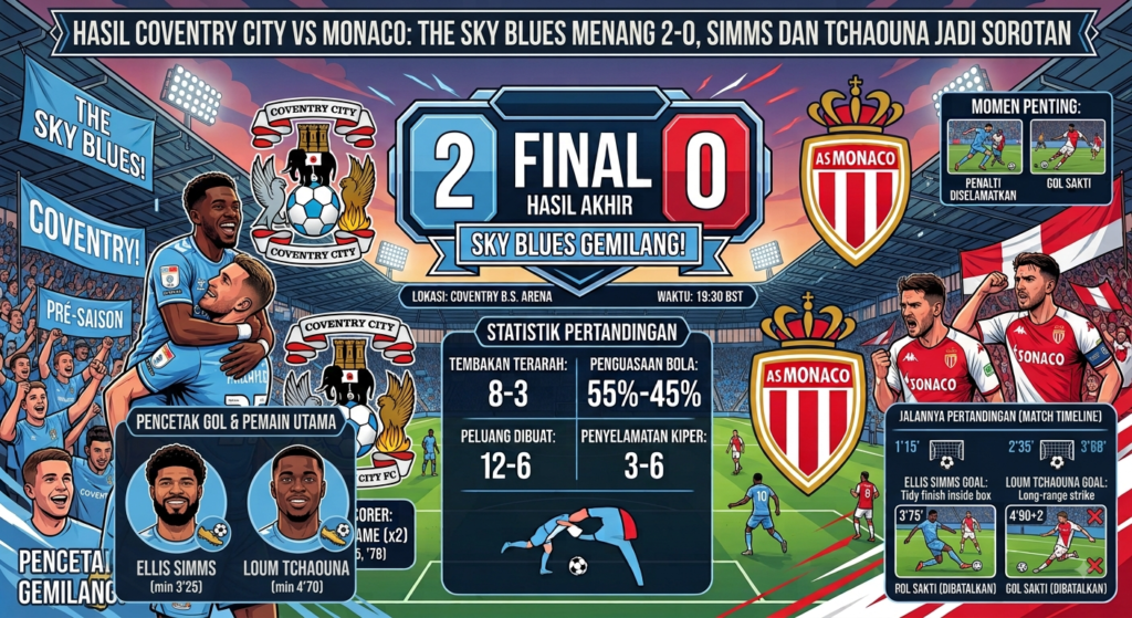 Hasil Coventry City vs Monaco: The Sky Blues Menang 2-0, Simms dan Tchaouna Jadi Sorotan