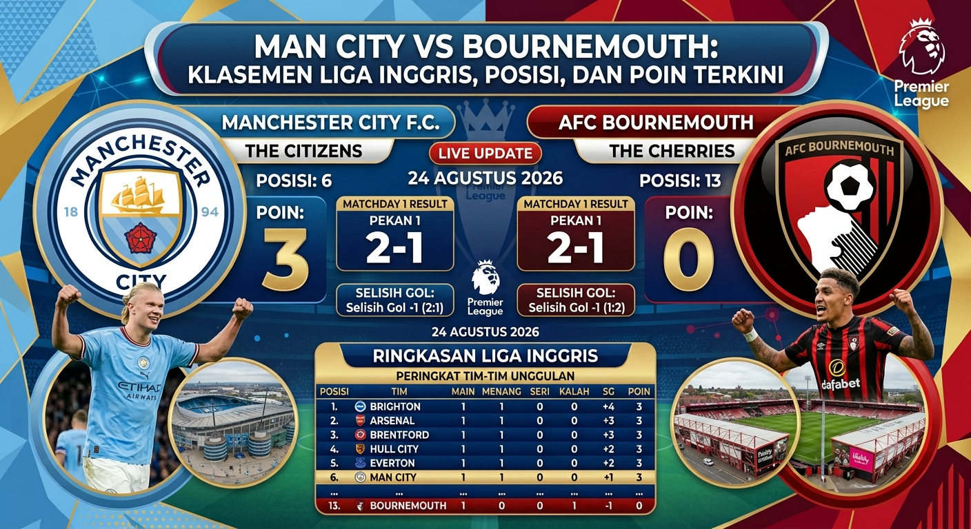 Man City vs Bournemouth: Klasemen Liga Inggris, Posisi, dan Poin Terkini