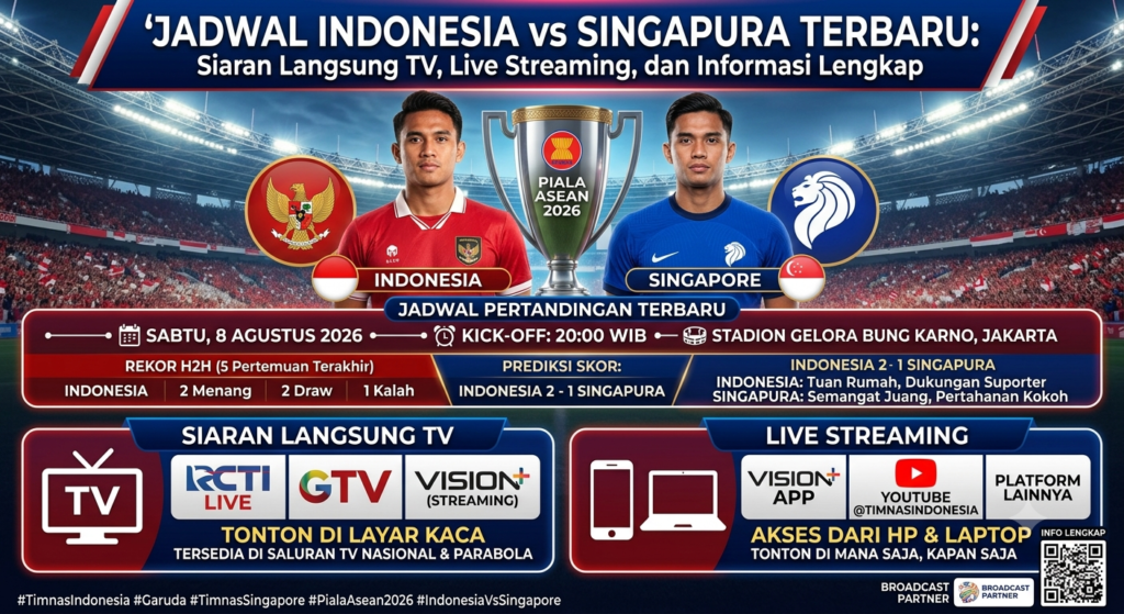 Jadwal Indonesia vs Singapura Terbaru: Siaran Langsung TV, Live Streaming, dan Informasi Lengkap