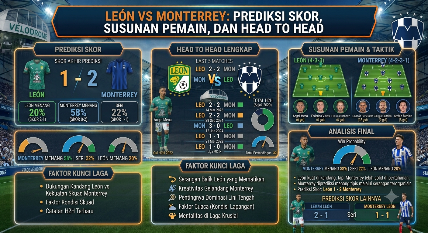 León vs Monterrey: Prediksi Skor, Susunan Pemain, dan Head to Head