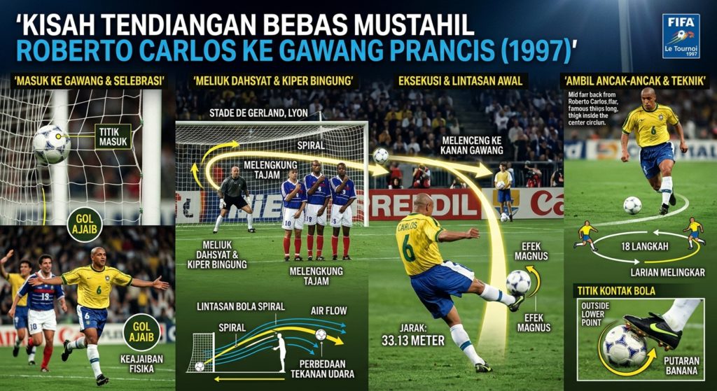 Kisah Tendangan Bebas Mustahil Roberto Carlos ke Gawang Prancis (1997)