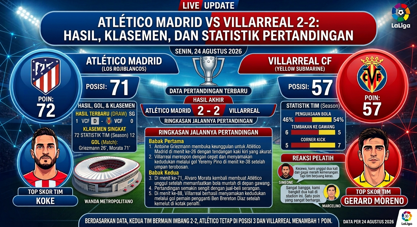 Atlético Madrid vs Villarreal 2-2: Hasil, Klasemen, dan Statistik Pertandingan