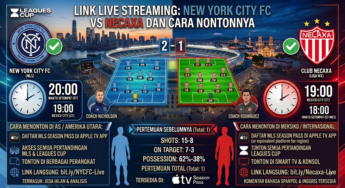 Link Live Streaming New York City FC vs Necaxa dan Cara Nontonnya