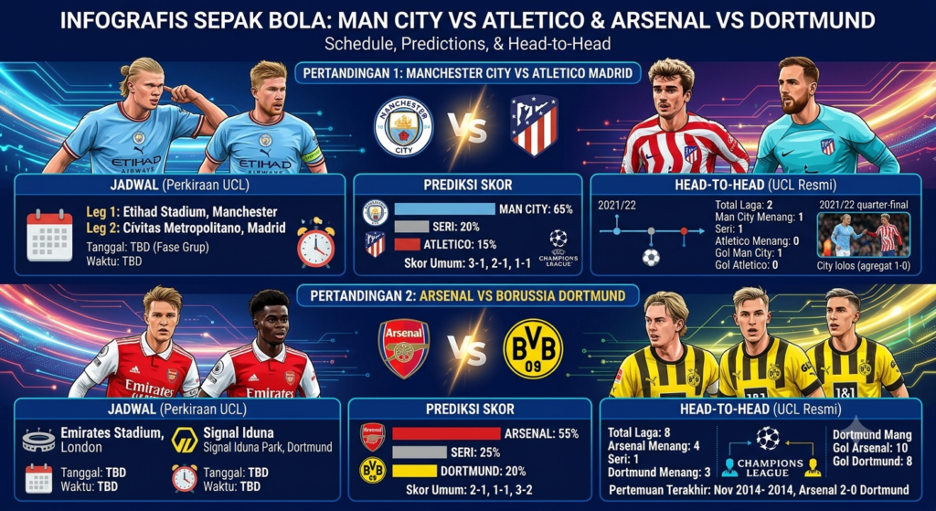 Man City vs Atletico Madrid dan Arsenal vs Dortmund: Jadwal, Prediksi, dan Head to Head