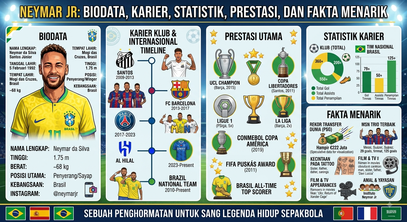 Neymar Jr: Biodata, Karier, Statistik, Prestasi, dan Fakta Menarik