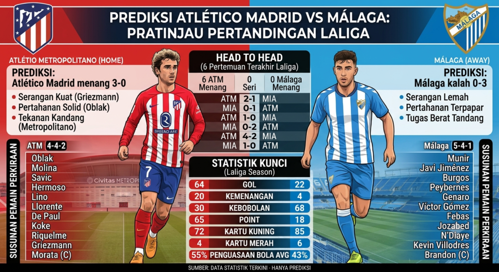 Atlético Madrid vs Málaga: Prediksi, Head to Head, Statistik, dan Susunan Pemain