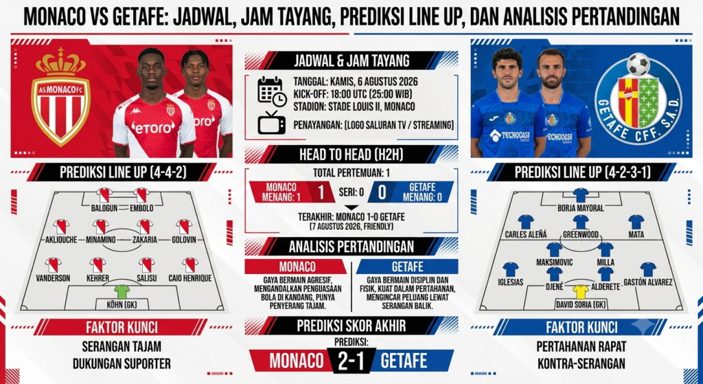 Monaco vs Getafe: Jadwal, Jam Tayang, Prediksi Line Up, dan Analisis Pertandingan