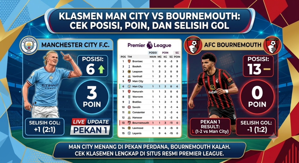 Klasemen Man City vs Bournemouth: Cek Posisi, Poin, dan Selisih Gol