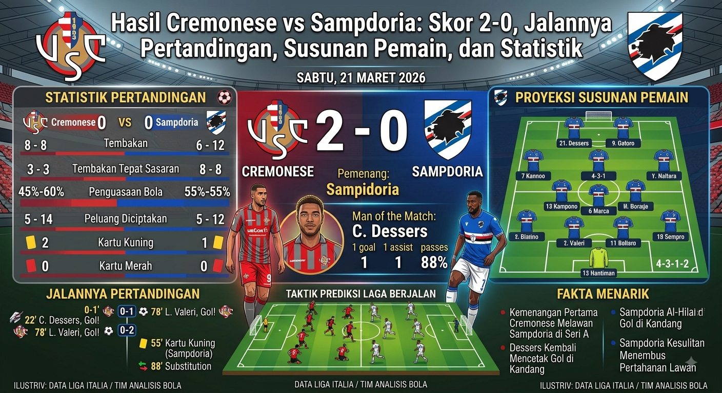 Hasil Cremonese vs Sampdoria: Skor 2-0, Jalannya Pertandingan, Susunan Pemain, dan Statistik