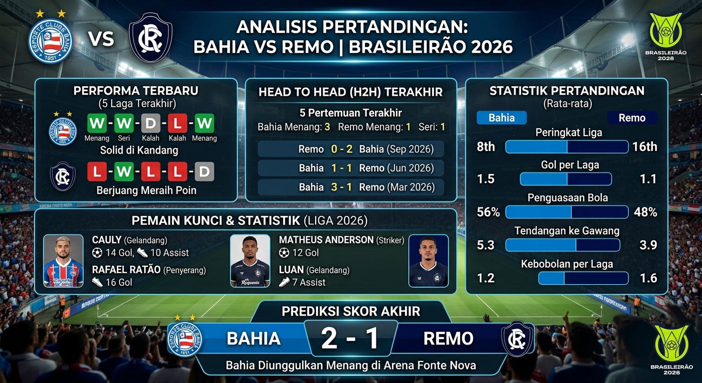 Bahia vs Remo: Statistik, Head to Head, Performa Terbaru, Pemain Kunci, dan Prediksi Skor Brasileirão 2026