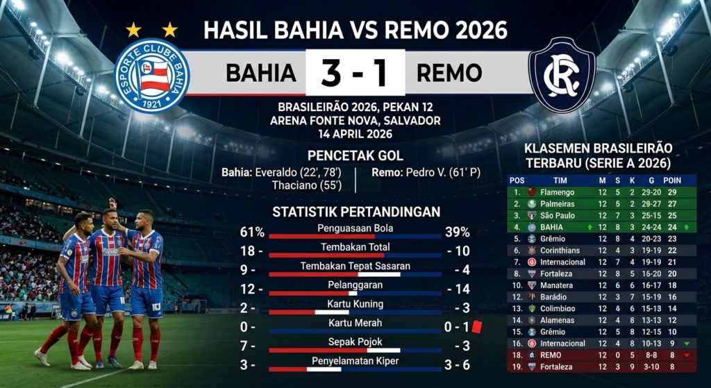 Hasil Bahia vs Remo 2026: Skor, Pencetak Gol, Statistik, dan Klasemen Brasileirão Terbaru