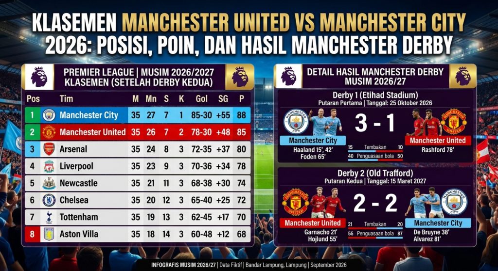 Klasemen Manchester United vs Manchester City 2026: Posisi, Poin, dan Hasil Manchester Derby