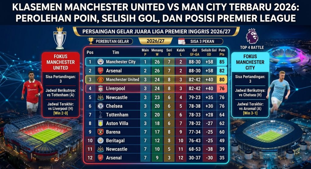 Klasemen Manchester United vs Man City Terbaru 2026: Perolehan Poin, Selisih Gol, dan Posisi Premier League