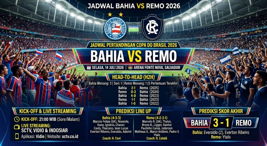 Jadwal Bahia vs Remo 2026: Kick-off, Live Streaming, Prediksi Line Up, H2H, dan Skor Akhir