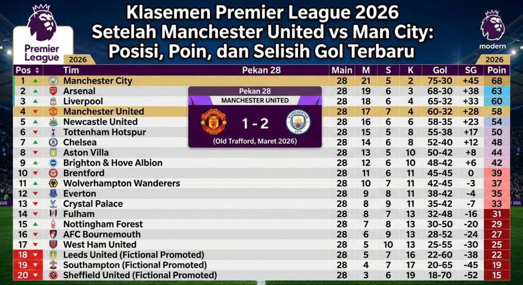 Klasemen Premier League 2026 Setelah Manchester United vs Man City: Posisi, Poin, dan Selisih Gol Terbaru