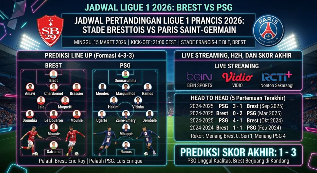 Jadwal Brest vs PSG 2026: Kick-off, Live Streaming, Prediksi Line Up, H2H, dan Skor Akhir
