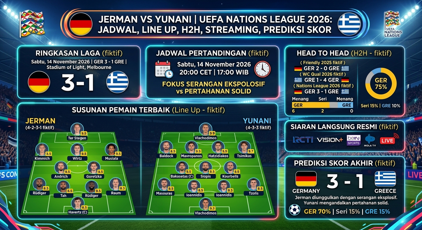 Jerman vs Yunani UEFA Nations League 2026: Jadwal, Line Up, H2H, Live Streaming, dan Prediksi Skor