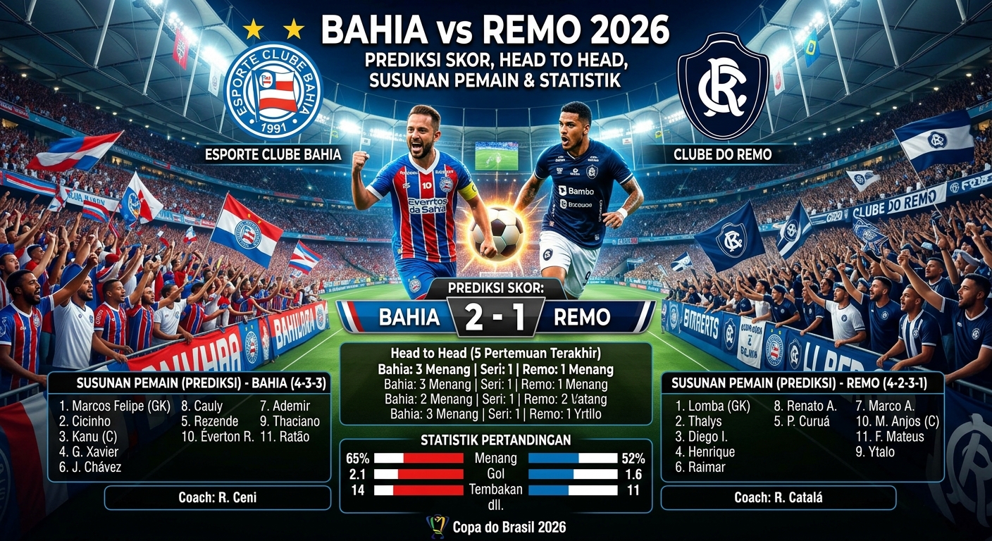 Bahia vs Remo 2026: Prediksi Skor, Head to Head, Susunan Pemain, dan Statistik Pertandingan