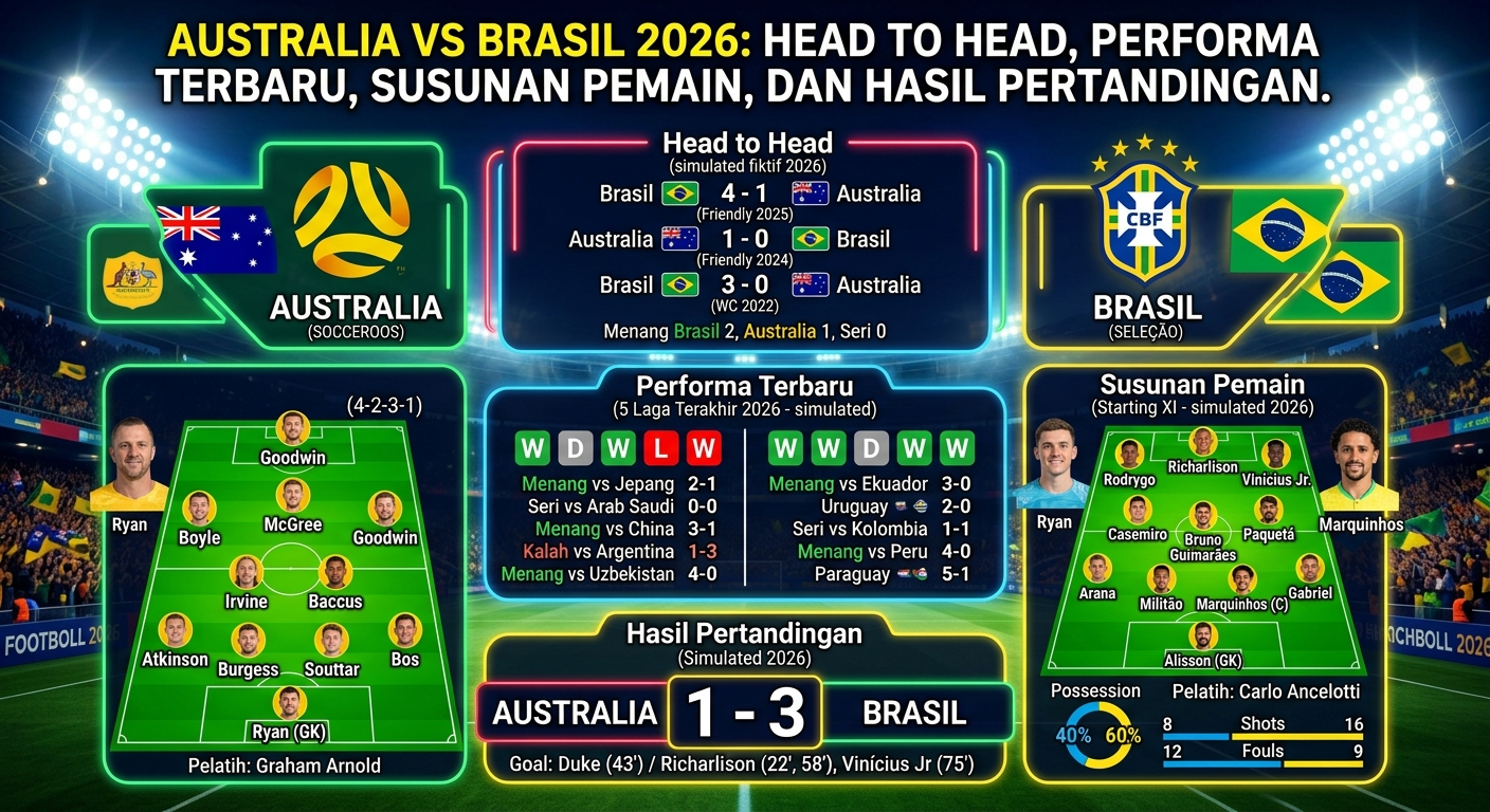 Australia vs Brasil 2026: Head to Head, Performa Terbaru, Susunan Pemain, dan Hasil Pertandingan