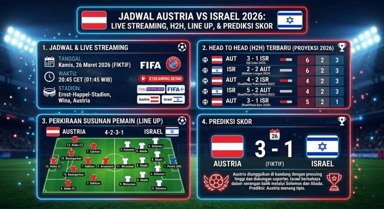 Jadwal Austria vs Israel 2026: Live Streaming, H2H, Line Up, dan Prediksi Skor