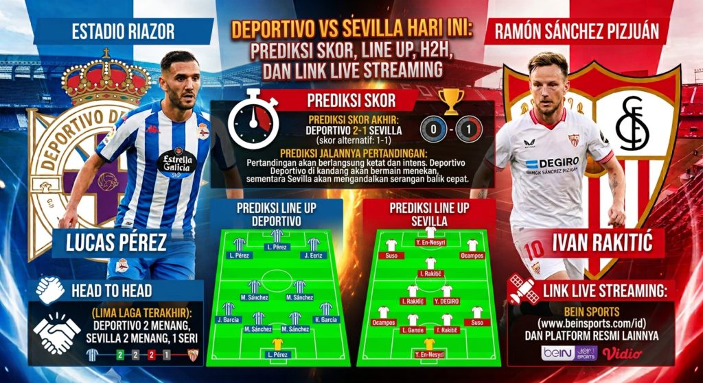 Deportivo vs Sevilla Hari Ini: Prediksi Skor, Line Up, H2H, dan Link Live Streaming