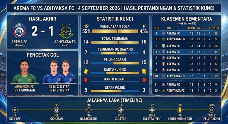 Arema FC vs Adhyaksa 2026: Hasil Pertandingan, Statistik, Klasemen, Pencetak Gol, dan Jalannya Laga