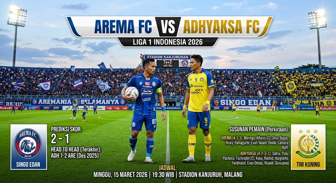 Arema FC vs Adhyaksa 2026: Prediksi Skor, Jadwal, Head to Head, dan Susunan Pemain