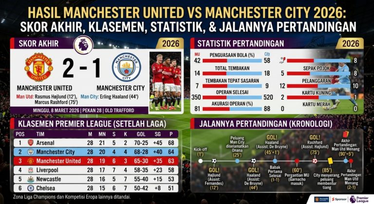 Hasil Manchester United vs Manchester City 2026: Skor Akhir, Klasemen, Statistik, dan Jalannya Pertandingan