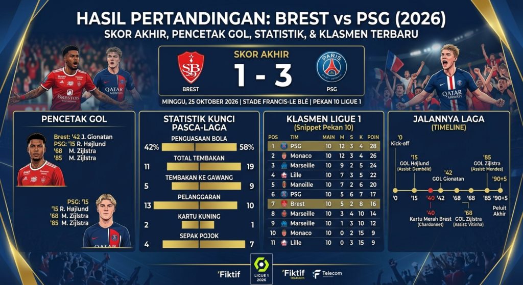 Hasil Brest vs PSG 2026: Skor, Pencetak Gol, Statistik, dan Klasemen Ligue 1 Terbaru