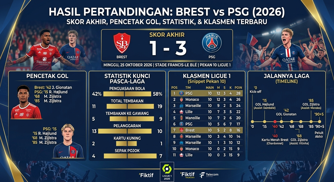Hasil Brest vs PSG 2026: Skor, Pencetak Gol, Statistik, dan Klasemen Ligue 1 Terbaru