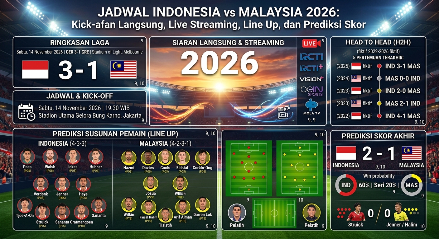 Jadwal Indonesia vs Malaysia 2026: Kick-off, Siaran Langsung, Live Streaming, Line Up, dan Prediksi Skor