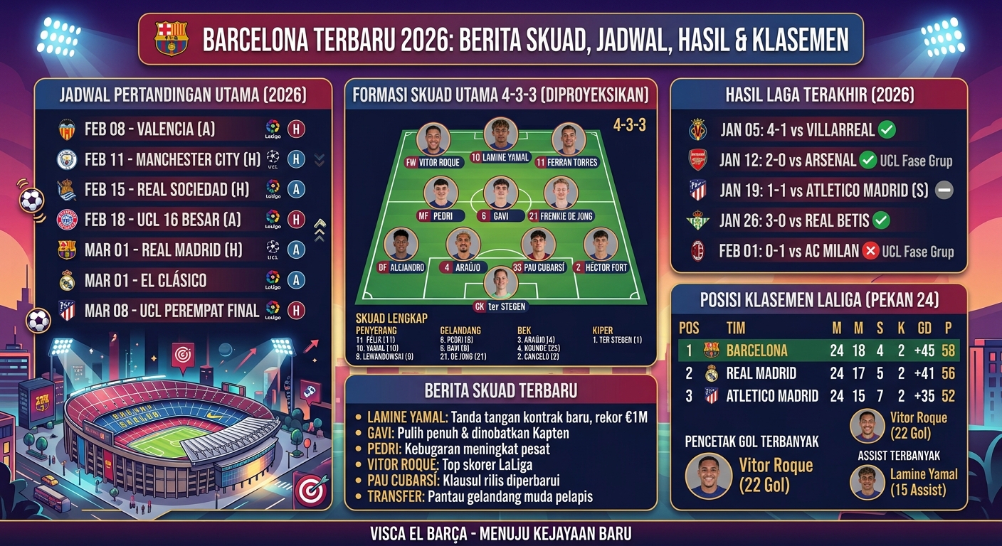 Barcelona Terbaru 2026: Berita Skuad, Jadwal, Hasil Pertandingan, dan Posisi Klasemen