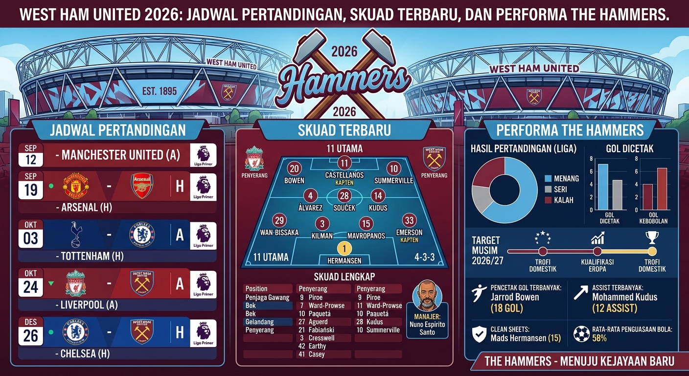 West Ham United 2026: Jadwal Pertandingan, Skuad Terbaru, dan Performa The Hammers