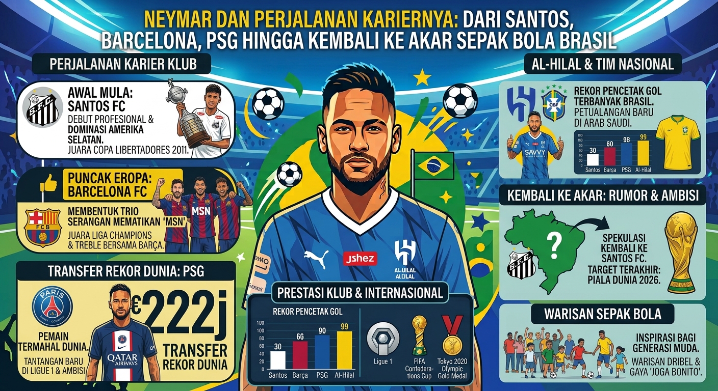 Neymar dan Perjalanan Kariernya: Dari Santos, Barcelona, PSG hingga Kembali ke Akar Sepak Bola Brasil