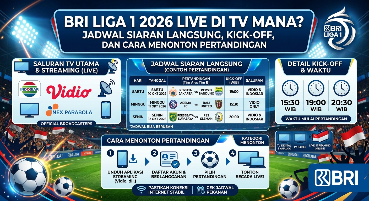 BRI Liga 1 2026 Live di TV Mana? Jadwal Siaran Langsung, Kick-off, dan Cara Menonton Pertandingan