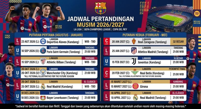 Jadwal FC Barcelona 2026/2027: Daftar Pertandingan La Liga, Liga Champions, dan Copa del Rey