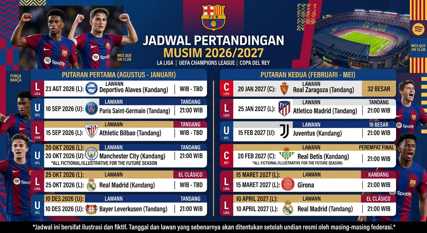 Jadwal FC Barcelona 2026/2027: Daftar Pertandingan La Liga, Liga Champions, dan Copa del Rey