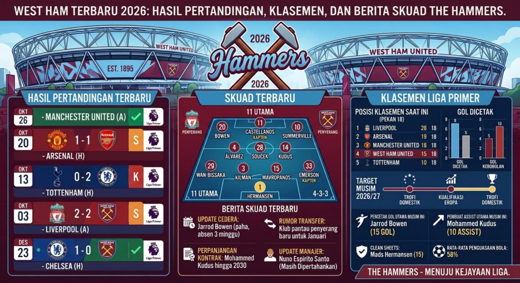 West Ham Terbaru 2026: Hasil Pertandingan, Klasemen, dan Berita Skuad The Hammers