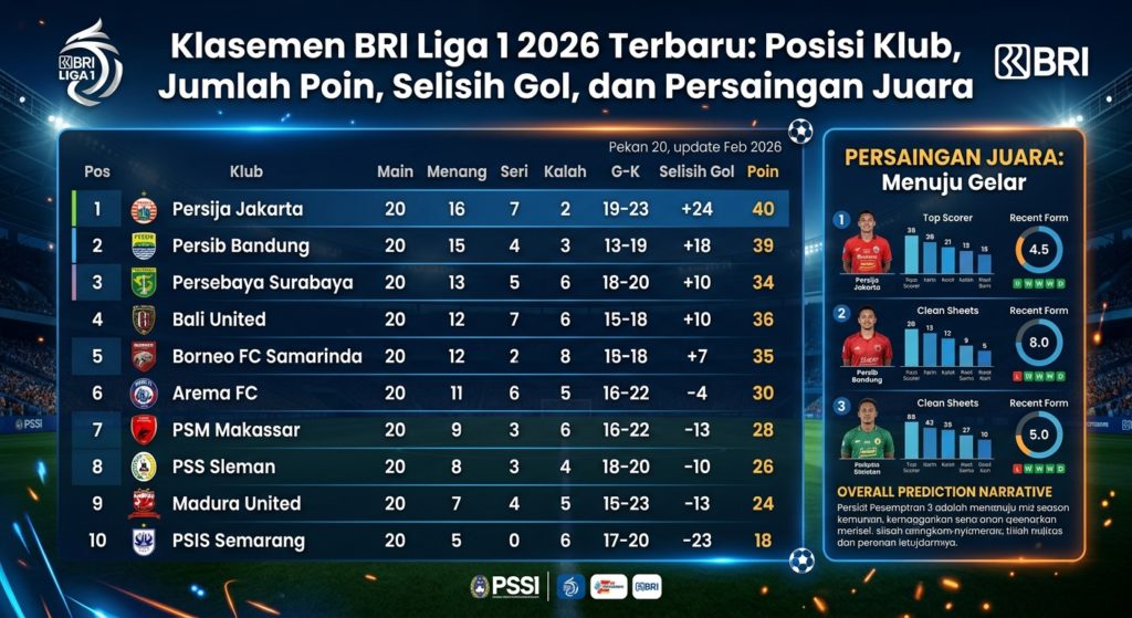 Klasemen BRI Liga 1 2026 Terbaru: Posisi Klub, Jumlah Poin, Selisih Gol, dan Persaingan Juara