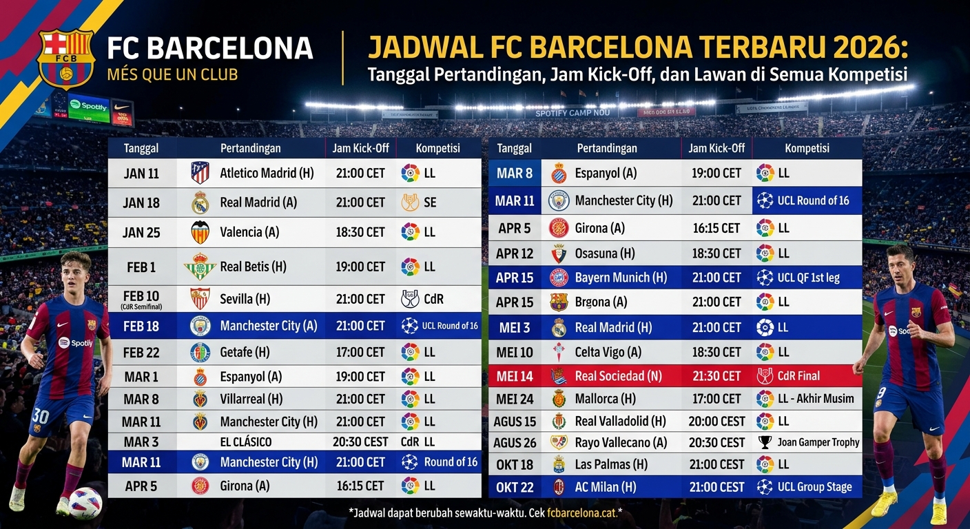 Jadwal Barcelona Terbaru 2026: Tanggal Pertandingan, Jam Kick-Off, dan Lawan di Semua Kompetisi